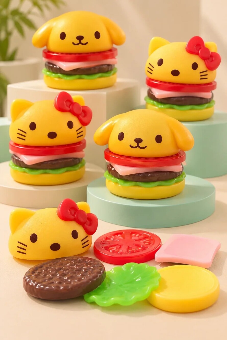Taba Hamburger Squishy – 6-Layer Puppy & Kitten Toys - Kitten with Bow